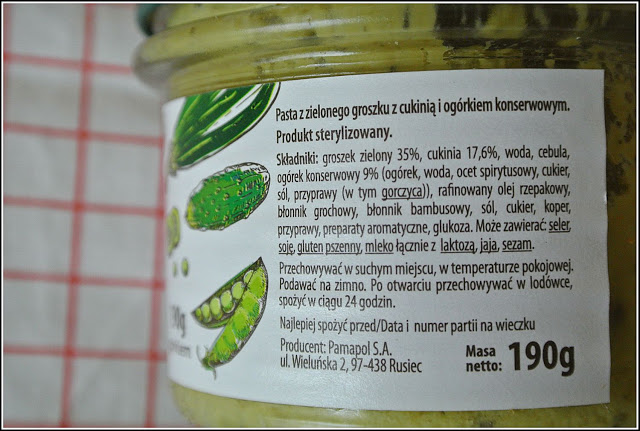 pasta z ogórka, pasta z zielonego groszku, pasta z cukinią, wegetariańska pasta, pasta z ogórkiem konserwowym,